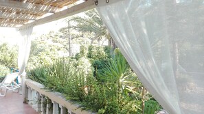 Ett takförsett utomhusområde med en bänk i betong, frodig grönska och en pergola.