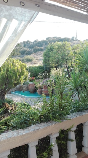 Stroll through the serene garden, surrounded by lush greenery and a tranquil pool.