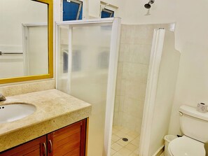 Een badkamer met een wastafel, spiegel, douche en toilet.