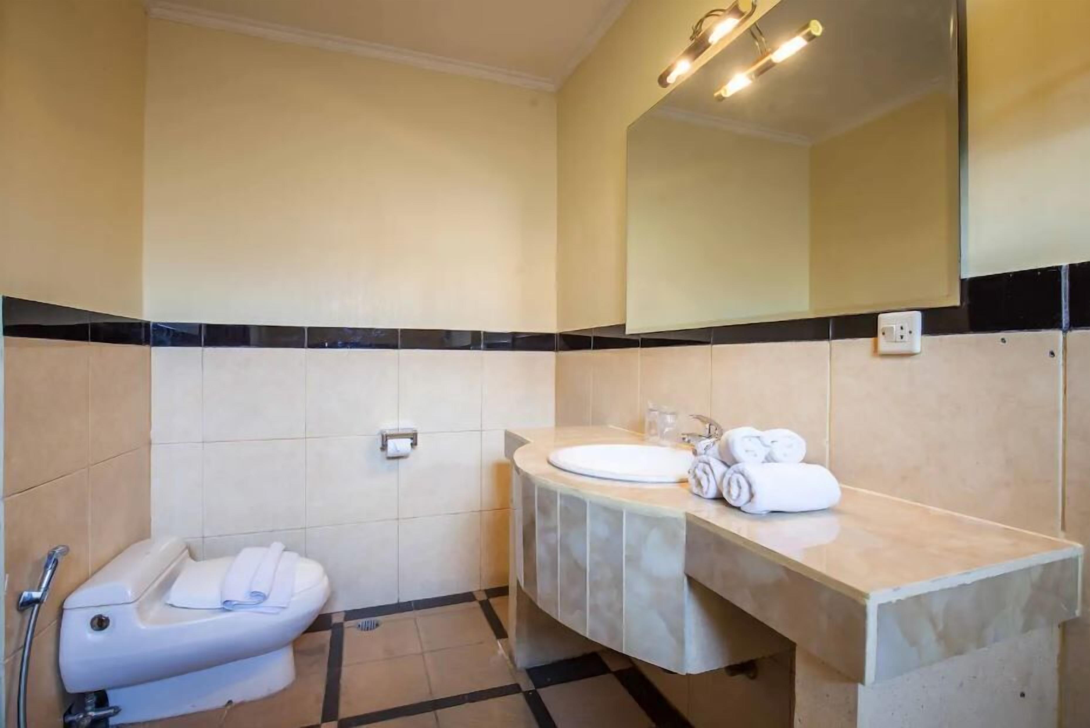 A bathroom with a toilet, sink, and mirror.