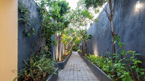 Un camí estret delimitat per parets i plantes, que condueix a l'entrada d'un edifici.