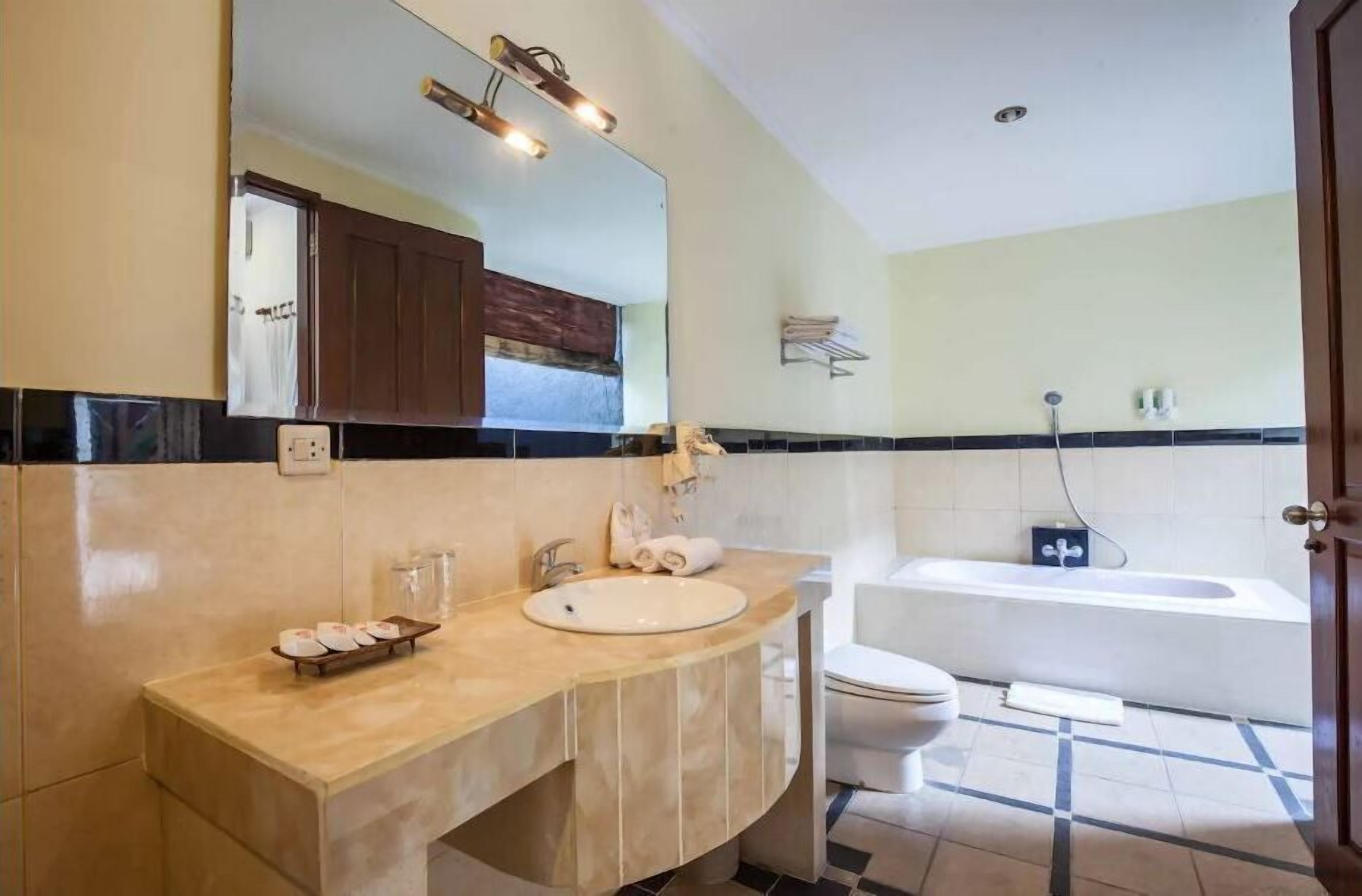 Une salle de bain avec un lavabo, un miroir et une baignoire.
