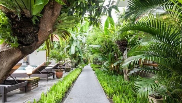 A pathway flanked by lush greenery and outdoor seating areas. - SMV - 3BedGRDN - V1 · 3BR Garden Villa Walk to Beach N Shops Legian (Legian)