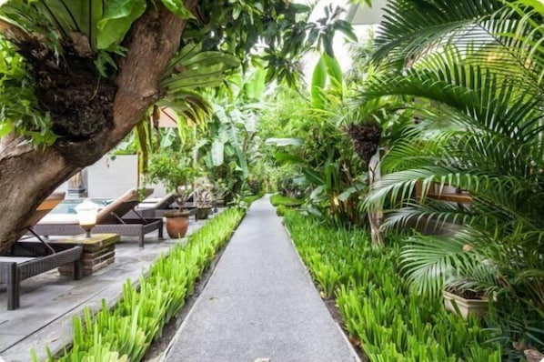 A pathway flanked by lush greenery and outdoor seating areas.