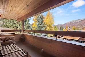 Un balcone in legno con vista su alberi autunnali e una catena montuosa in lontananza.