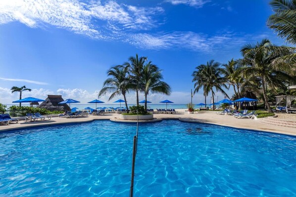 Relax by the pool surrounded by palm trees and lounge chairs.