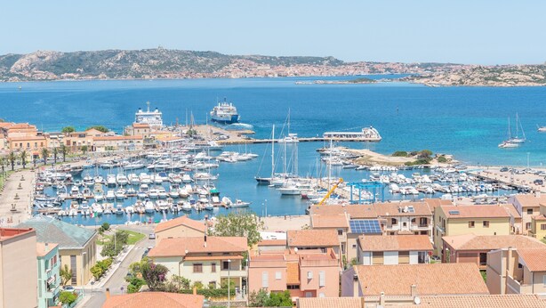 A marina with boats, a large ship, and buildings with red-tiled roofs. - Apartment with Panoramic Sea View and Terrace; Pets Allowed (Palau)