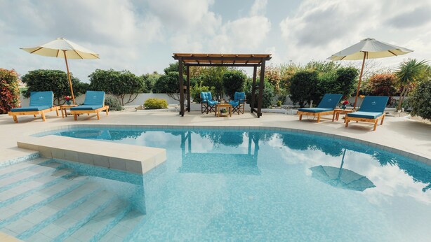A swimming pool with lounge chairs and umbrellas, surrounded by greenery. - Pefki Beach Front Villa (Rhodes)