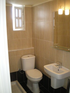 Un baño con inodoro, lavamanos y un ventanal pequeño.