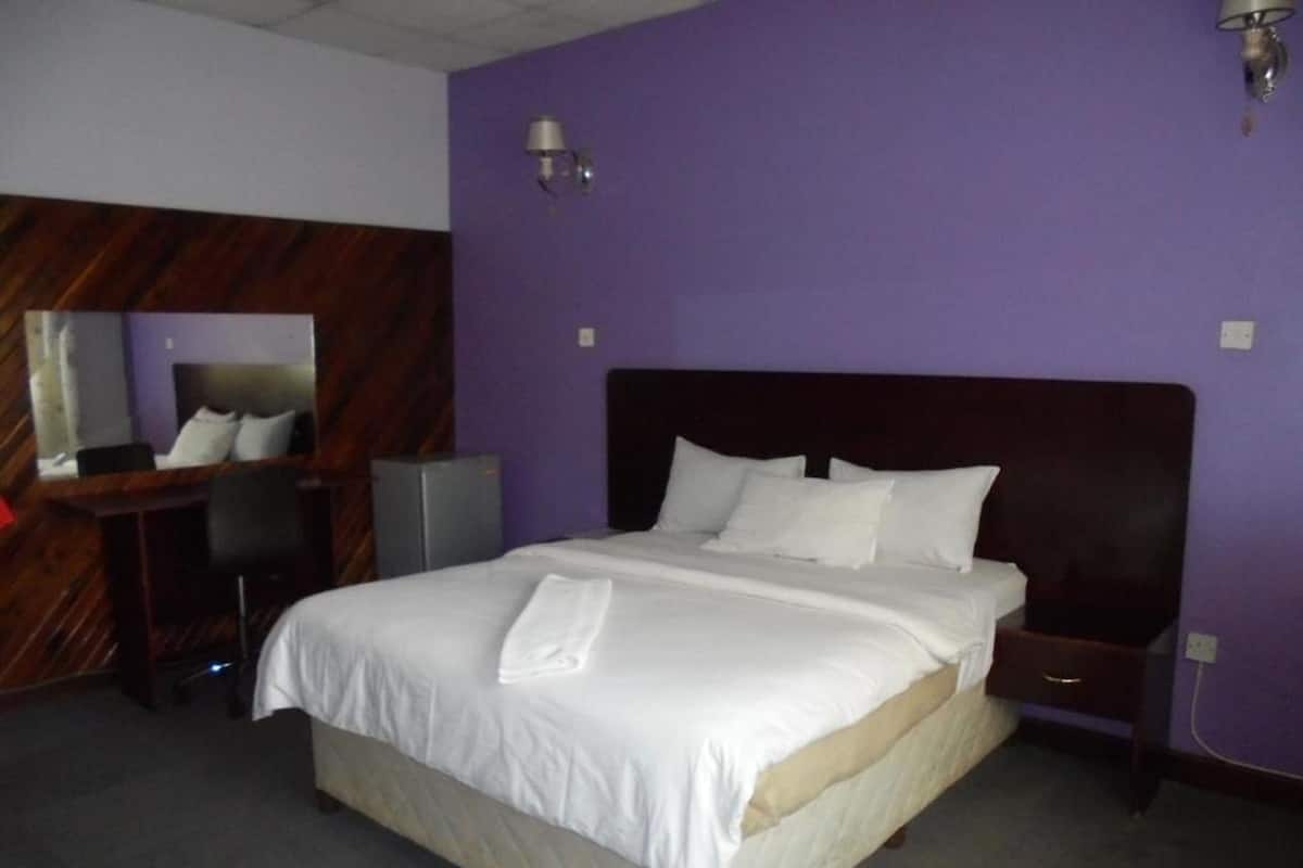 A hotel room with a large bed, a desk, a chair, a mirror, and a nightstand.