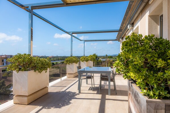 A rooftop terrace with a glass-enclosed table and chairs, surrounded by potted plants.
