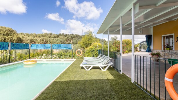 A pool with artificial grass, lounge chairs, a lifebuoy, and a view of trees and hills. - Holiday Home "Cortijo Rural Puerto Nuevo" with Pool, Garden, Terrace & Wi-Fi (Málaga)