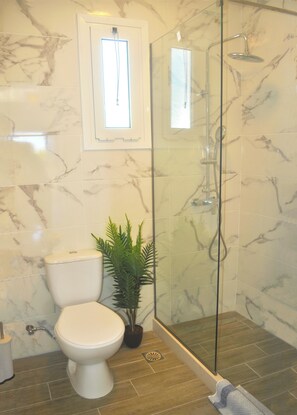 A bathroom with a toilet, a shower with a glass door, and a potted plant. - Beachfront Vacation Home "eftichia" (Corfu)