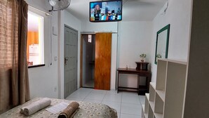 A hotel room with a bed, a desk, a chair, a small table with a plant, a mirror, and a TV mounted on the wall. - Guest House Palmeiras (Cabo Frio)
