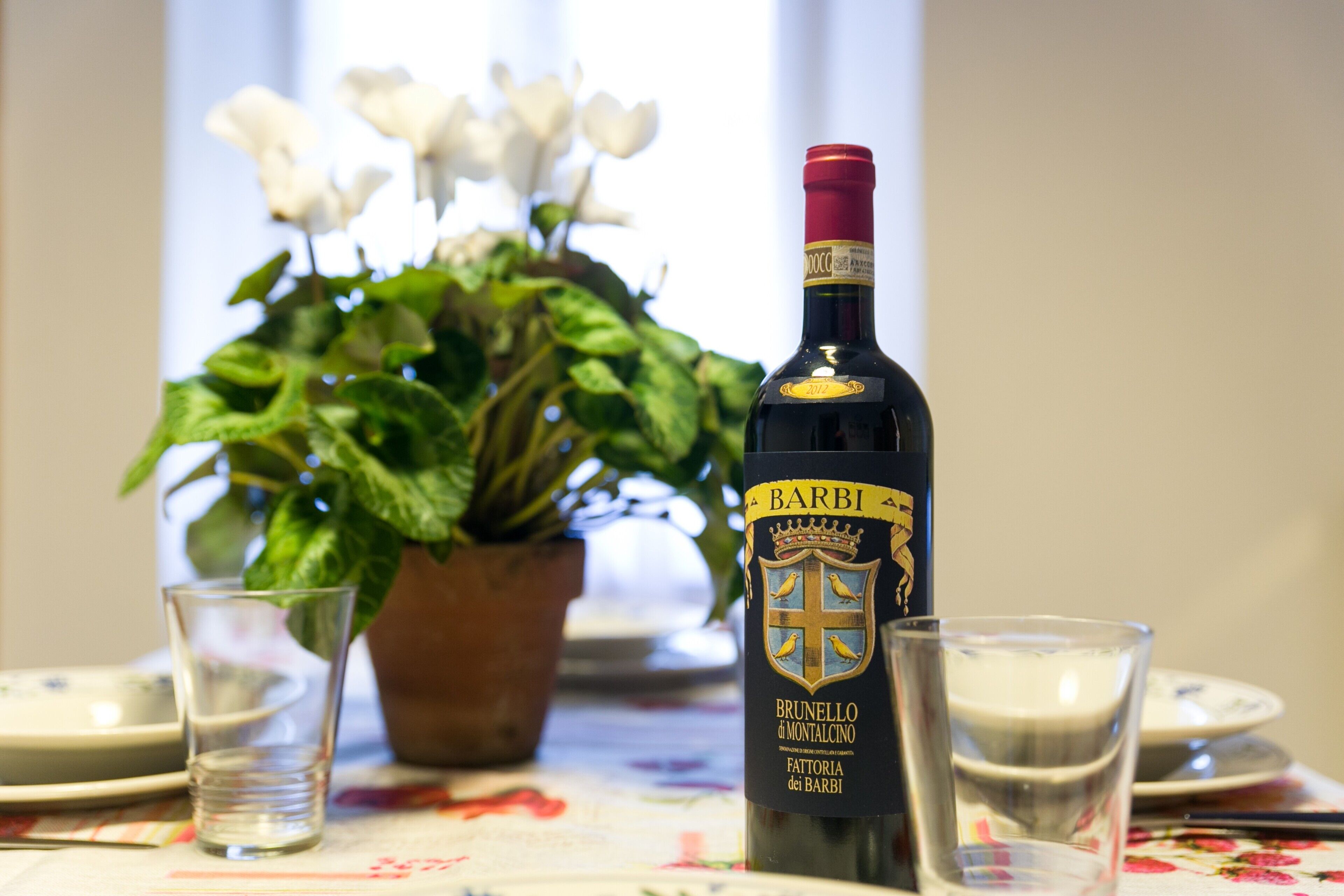 Une bouteille de vin Brunello di Montalcino, un verre et une plante en pot sur une table.