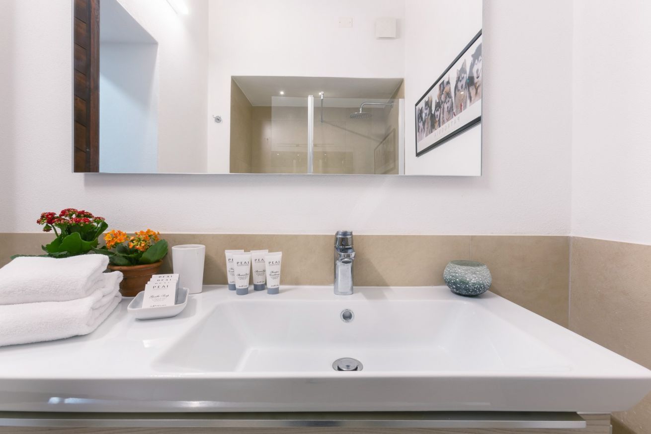 A bathroom with a large mirror, a sink, a shower, and toiletries.