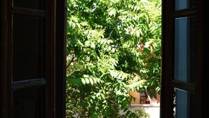 Ein offenes Portal, das in einen üppigen Garten mit dichtem Grün und Blick auf ein Gebäude im Hintergrund führt.
