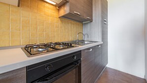 Cozinha com fogão a gás, pia de aço inoxidável, armários de madeira e painel de azulejos.