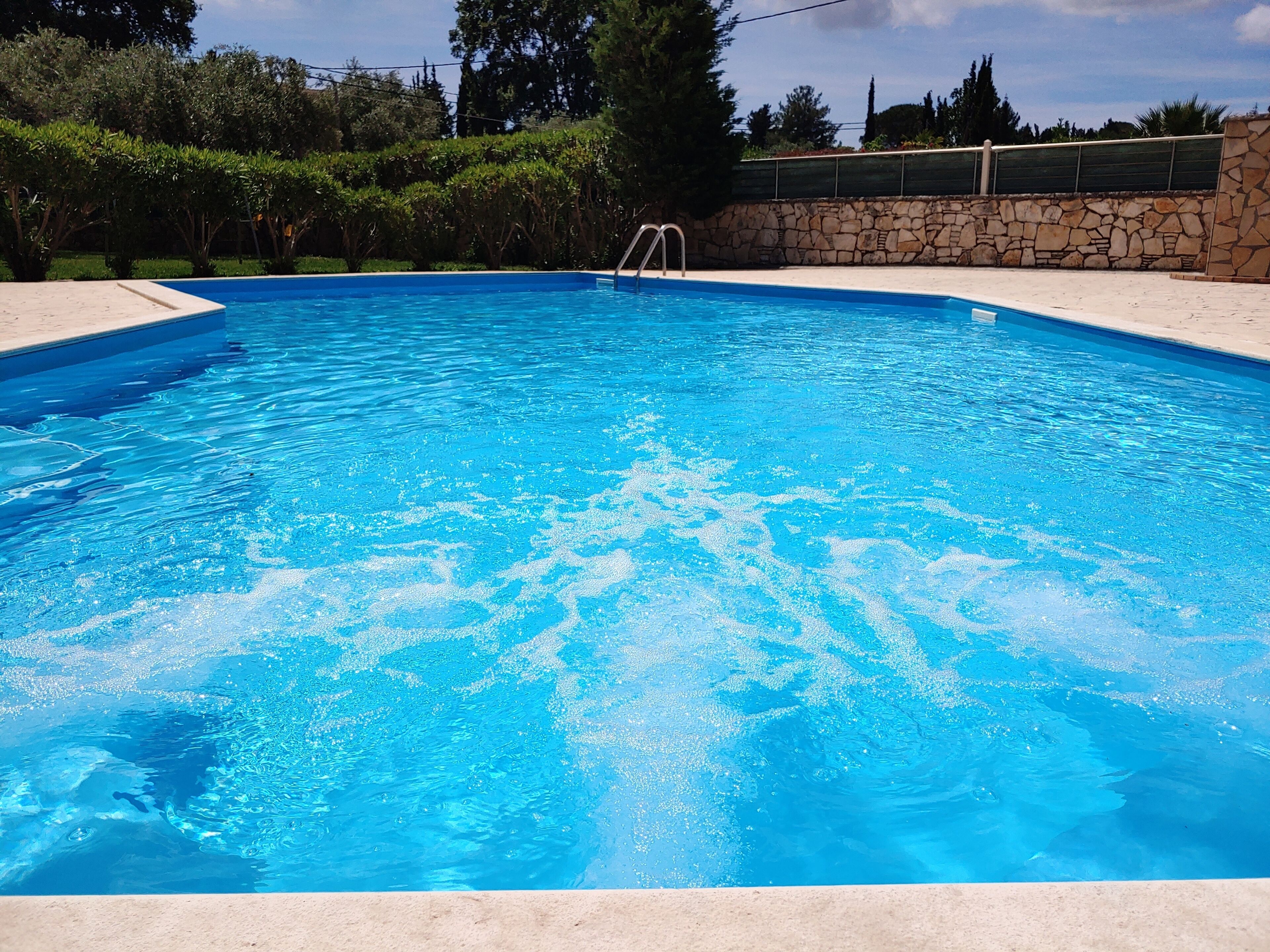 Ein klarer, blauer Pool mit einer Steinmauer und einer Metallleiter.