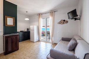 Un espacio habitable compacto con kitchenette, un sofá, un televisor y una puerta corrediza de vidrio que da a un área exterior.