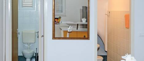 A bathroom with a toilet, sink, and mirror.