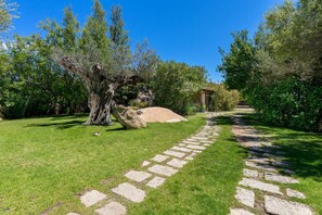 Un chemin de pierres serpente à travers un jardin bien entretenu, avec un grand arbre et un petit bâtiment en arrière-plan.