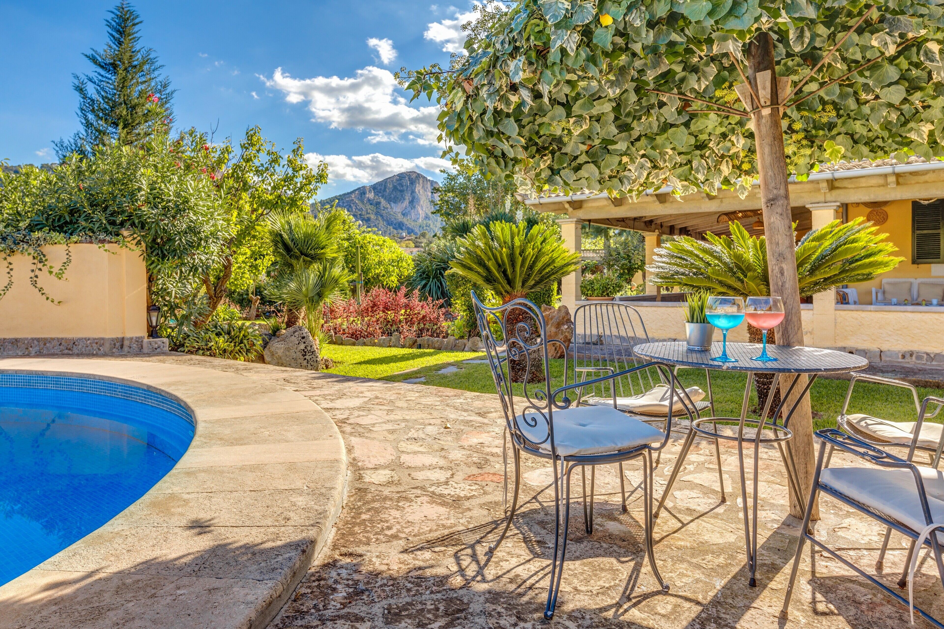Piscina com cadeiras e uma mesa, cercada por vegetação e uma montanha ao fundo.