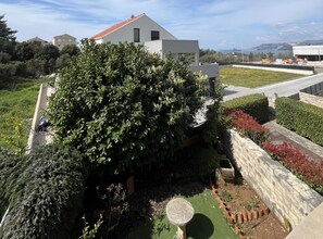 A modern house with a large tree in the front yard, a paved driveway, and a stone retaining wall with plants.
