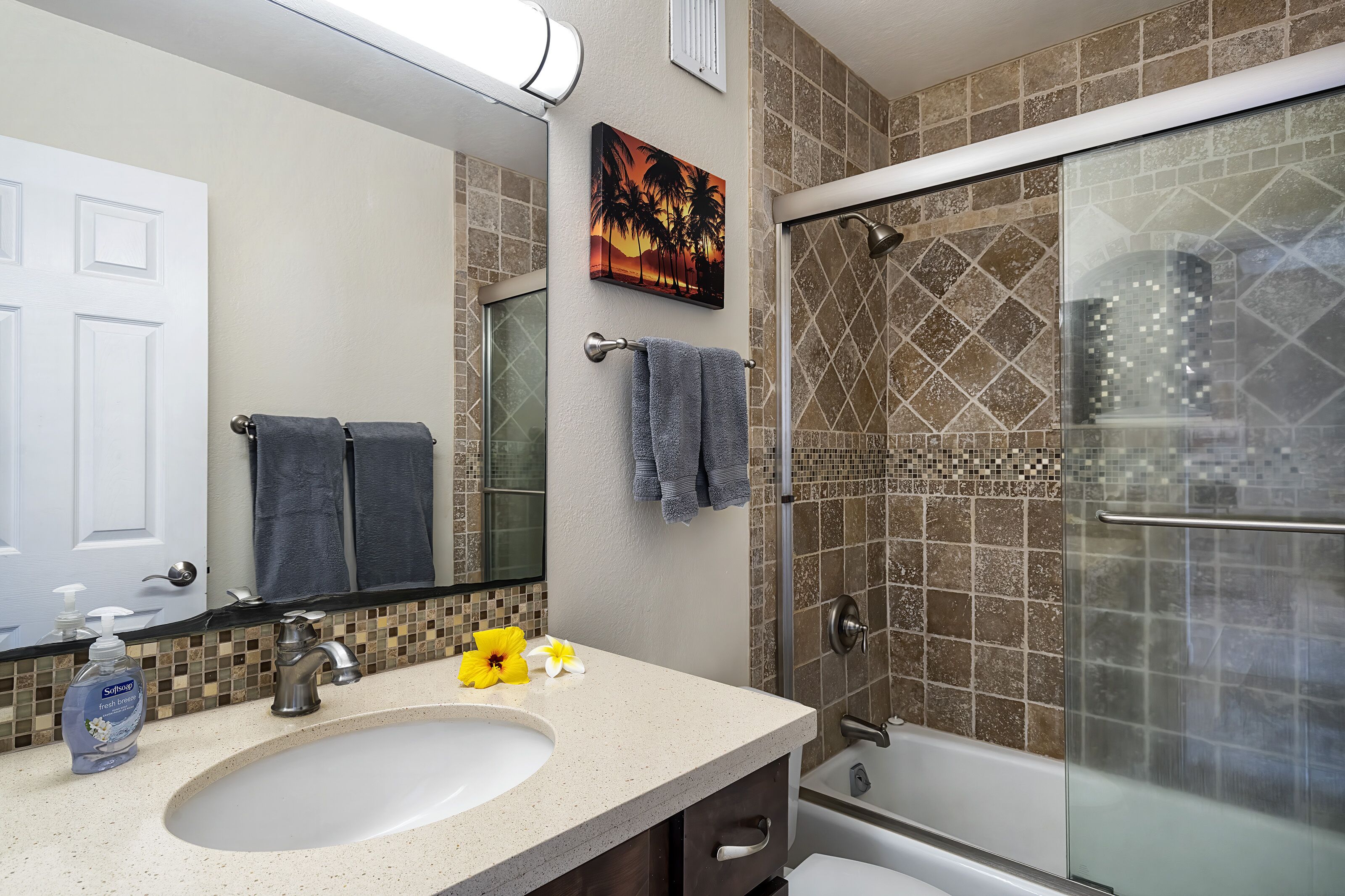 Combined shower/tub, hair dryer, towels