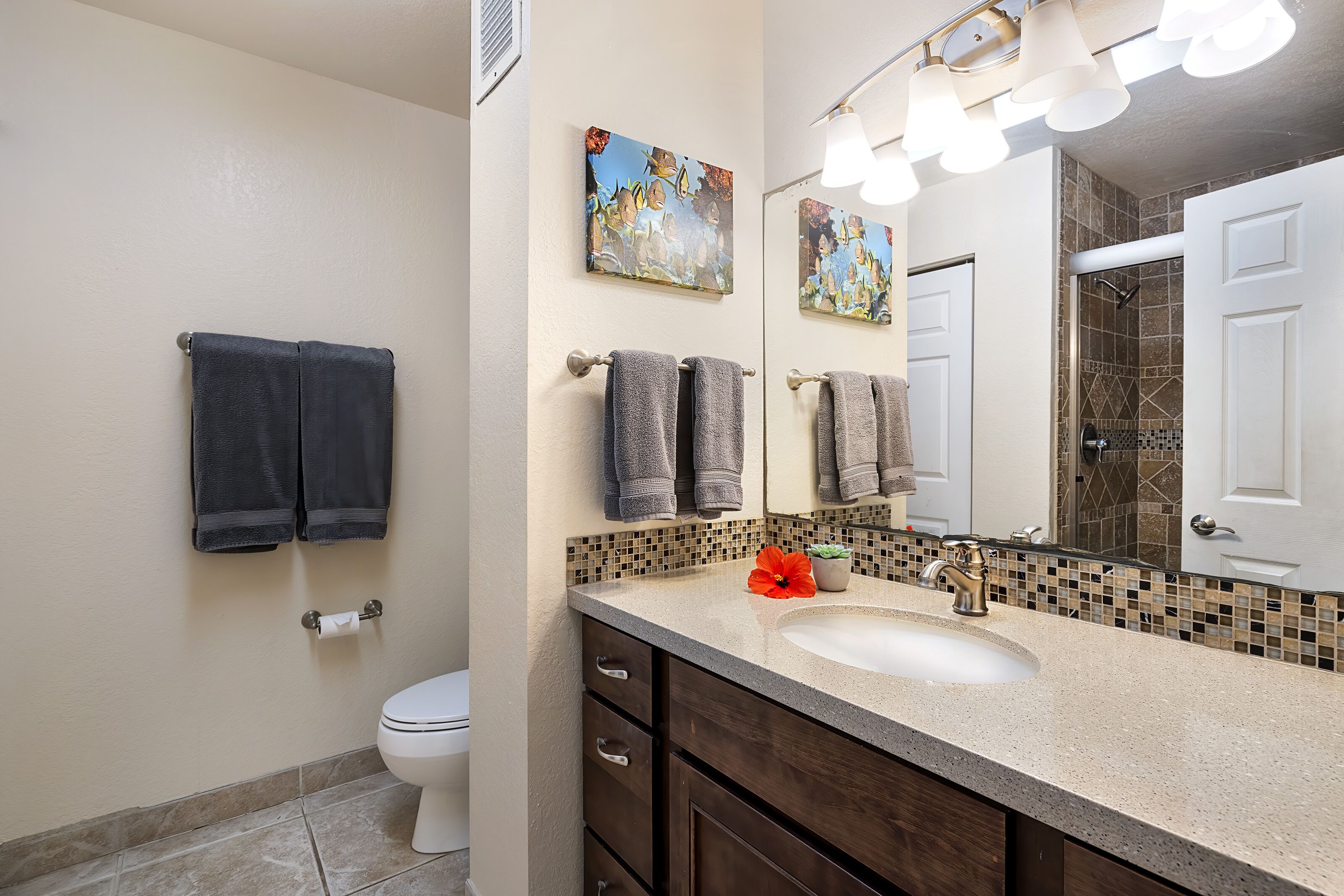 Combined shower/tub, hair dryer, towels