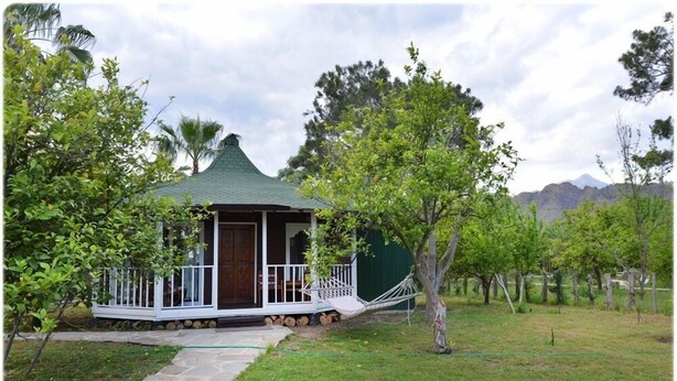 A small, single-story structure with a green roof, a porch with white railings, and a door.