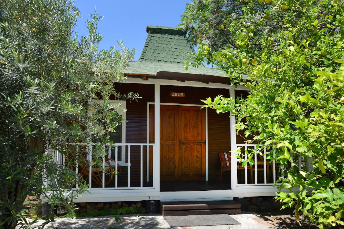 A wooden building with a sign reading "ZEUS" at the entrance, surrounded by lush greenery.