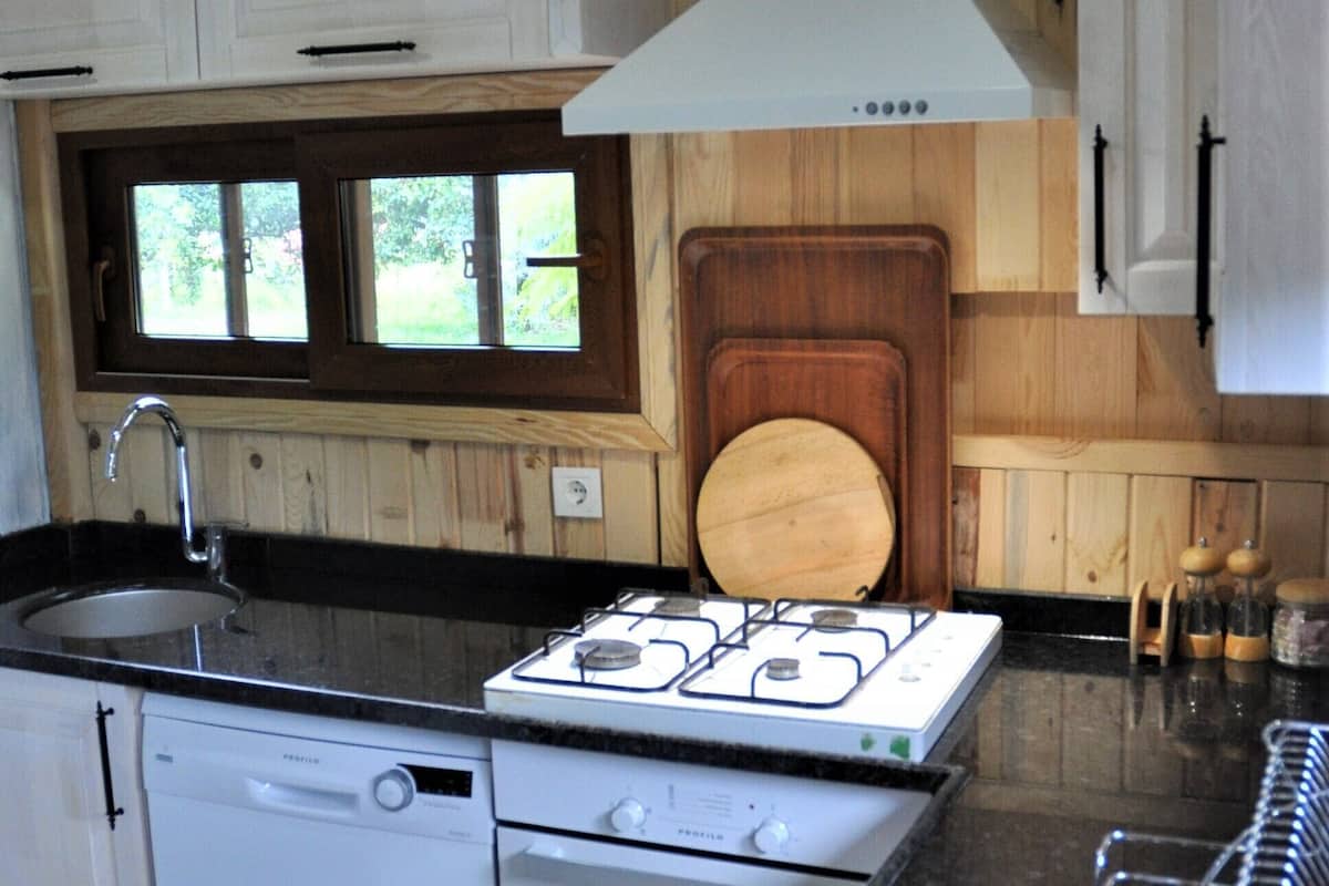 A kitchen with wooden cabinets, a gas stove, a dishwasher, and a window with a view of greenery.