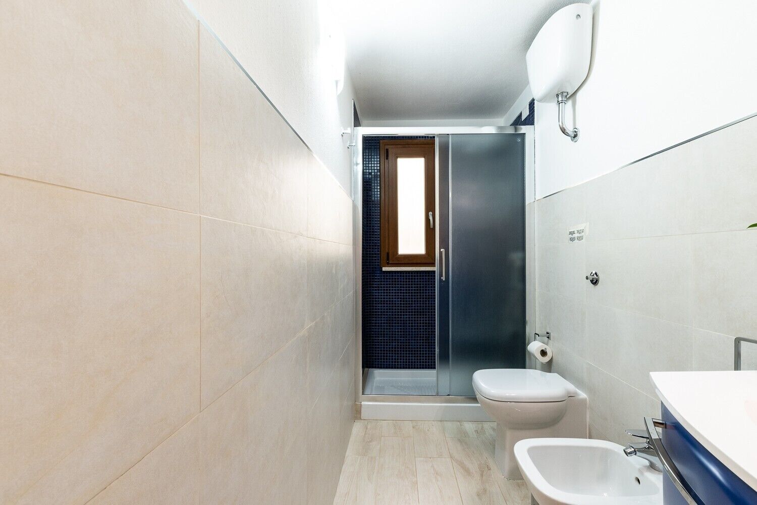 A bathroom with a toilet, bidet, and a shower area.