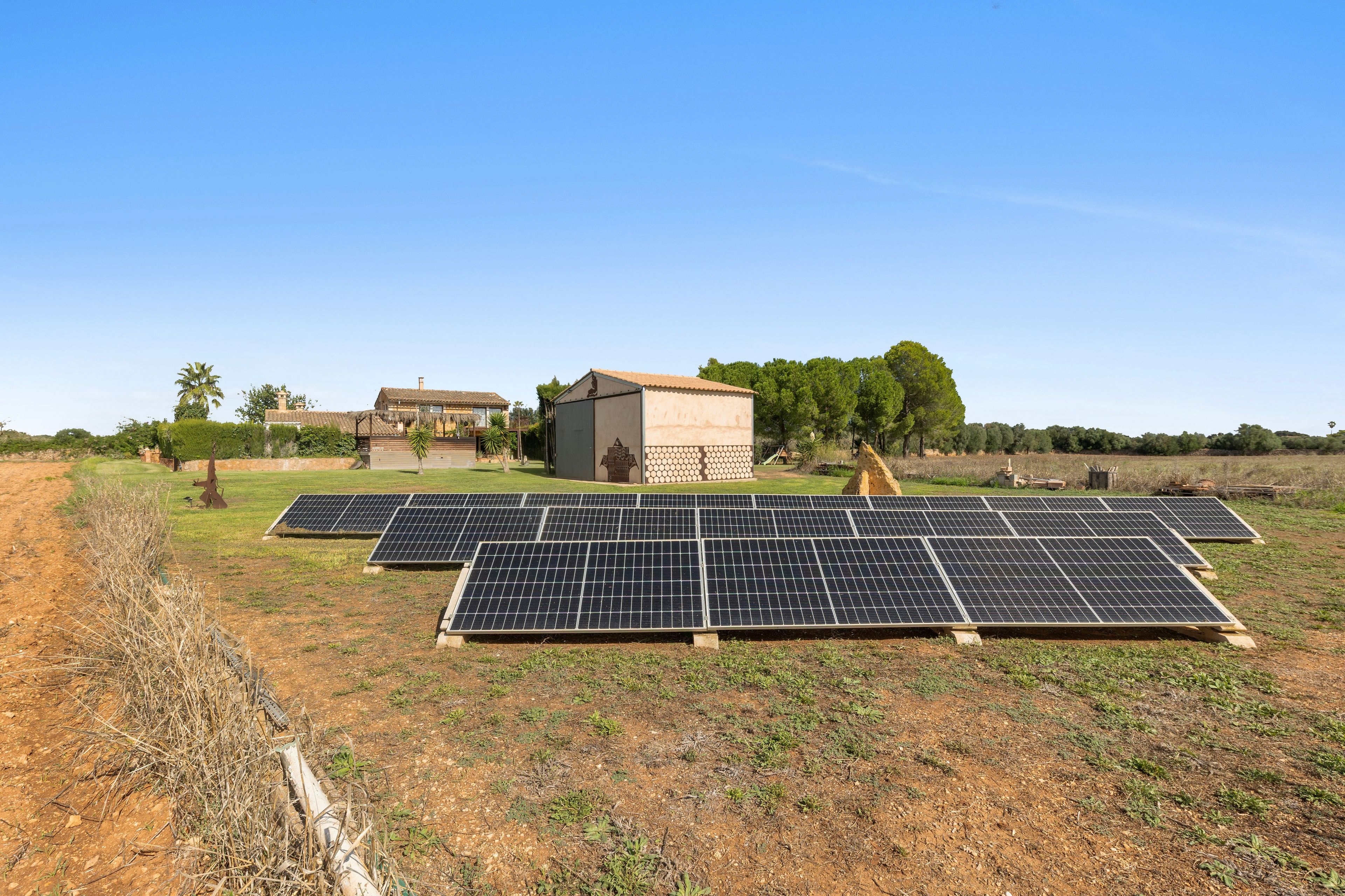 Solaranlagen in einem Feld, im Hintergrund ein Gebäude.