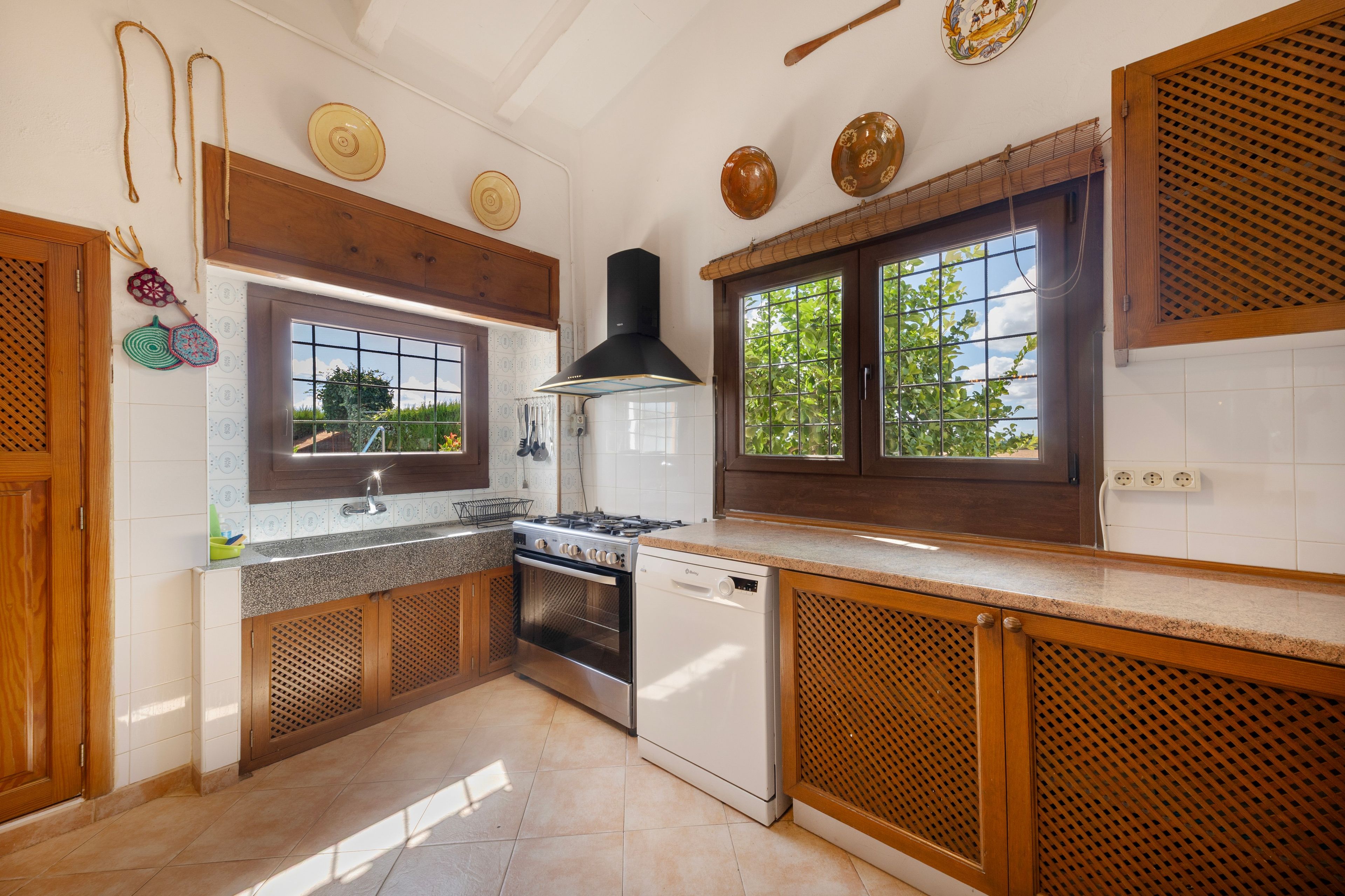 Una cocina con estufa, horno y ventana con vistas a la vegetación.