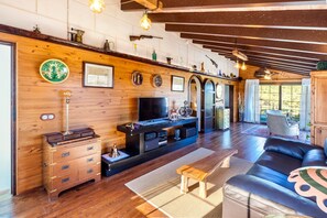 Televisie, een open haard, een dvd-speler en een tafeltennistafel