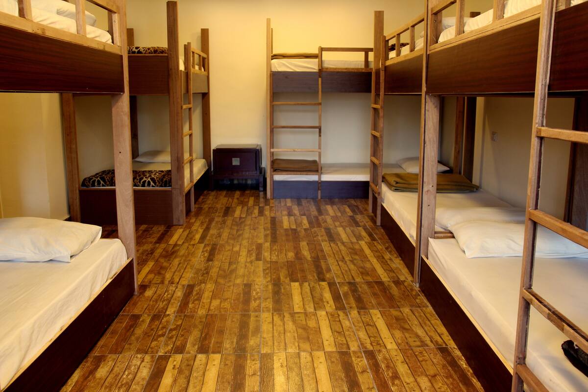A dormitory room with bunk beds, a wooden floor, and a ladder.