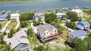A coastal residential area with houses, docks, and a marina. - Island Oasis, Elevator, Beautiful Decor (Topsail Beach)