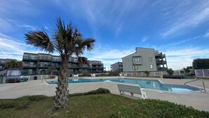 A pool area with a palm tree, a bench, and modern buildings in the background. - Oceanfront Condo with amazing views of The Atlantic (North Topsail Beach)