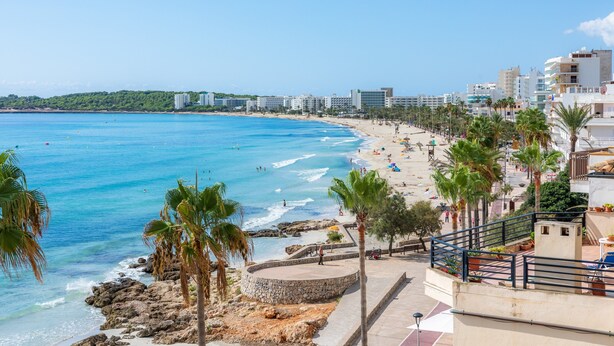 Un hôtel situé sur la côte, avec vue sur la plage, un mur de soutènement en pierre et des palmiers.
