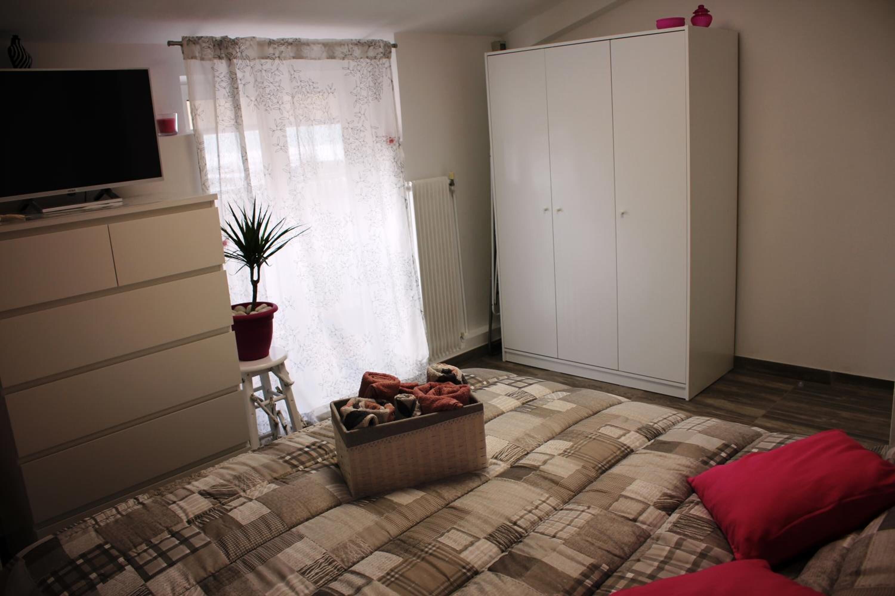 A bedroom with a bed, a wardrobe, a TV, a radiator, and a potted plant.