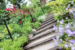 A stone staircase surrounded by lush greenery and flowers.