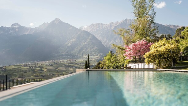 A pool with a mountain view, surrounded by greenery and a fence. - Chalet Penthouse – Schenna Chalet (Schenna)