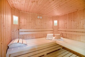 Una sauna in legno con panche, un catino e due orologi a parete.