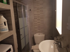 A bathroom with a toilet, sink, and shower area.