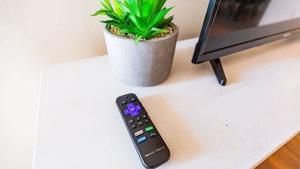 A remote control on a white surface with a potted plant and a television in the background.