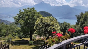 A garden with a view of a lake and mountains.