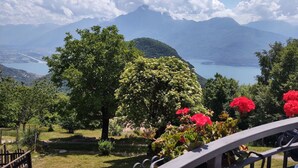 Ein Garten mit Blick auf einen See und Berge.
