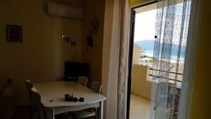 A dining area with a table and chairs, a television, and a view through a window with a curtain.
